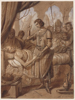 KT 2001 061
          <br/>
          Franse koning (Lodewijk IX ?) op sterfbed in legerkamp neemt eed af van opvolger (Filips III ?)
          <br/>
          <em>Couder, Alexandre (1808 - 1879)</em>